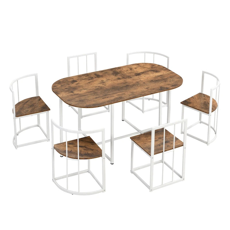 Ensemble de salle à manger moderne 7 pièces avec structure en métal, comprenant une table demi-ronde et 6 chaises.