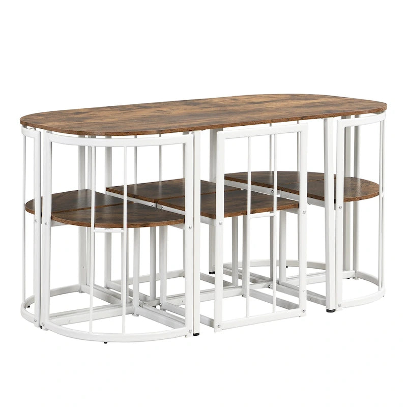 Ensemble de salle à manger moderne 7 pièces avec structure en métal, comprenant une table demi-ronde et 6 chaises.
