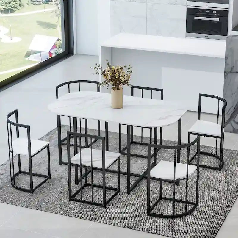 Ensemble de salle à manger moderne 7 pièces avec structure en métal, comprenant une table demi-ronde et 6 chaises.