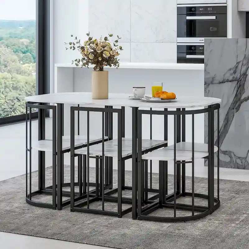 Ensemble de salle à manger moderne 7 pièces avec structure en métal, comprenant une table demi-ronde et 6 chaises.
