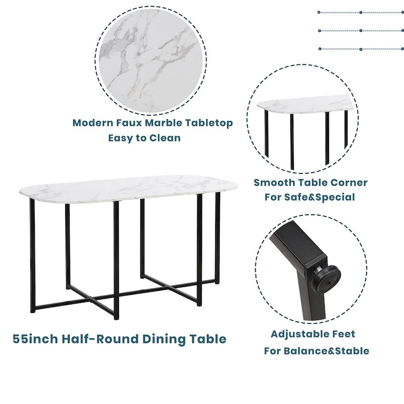 Ensemble de salle à manger moderne 7 pièces avec structure en métal, comprenant une table demi-ronde et 6 chaises.