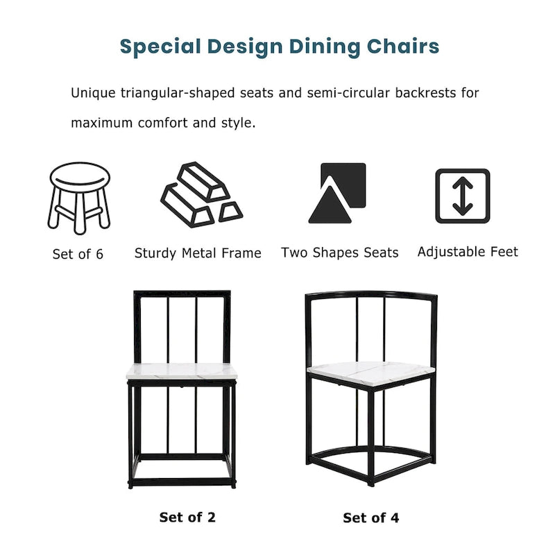 Ensemble de salle à manger moderne 7 pièces avec structure en métal, comprenant une table demi-ronde et 6 chaises.