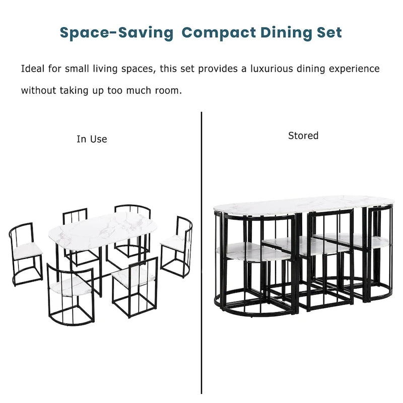 Ensemble de salle à manger moderne 7 pièces avec structure en métal, comprenant une table demi-ronde et 6 chaises.