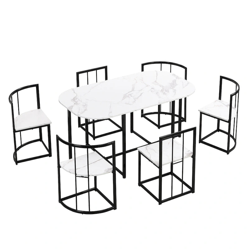 Ensemble de salle à manger moderne 7 pièces avec structure en métal, comprenant une table demi-ronde et 6 chaises.