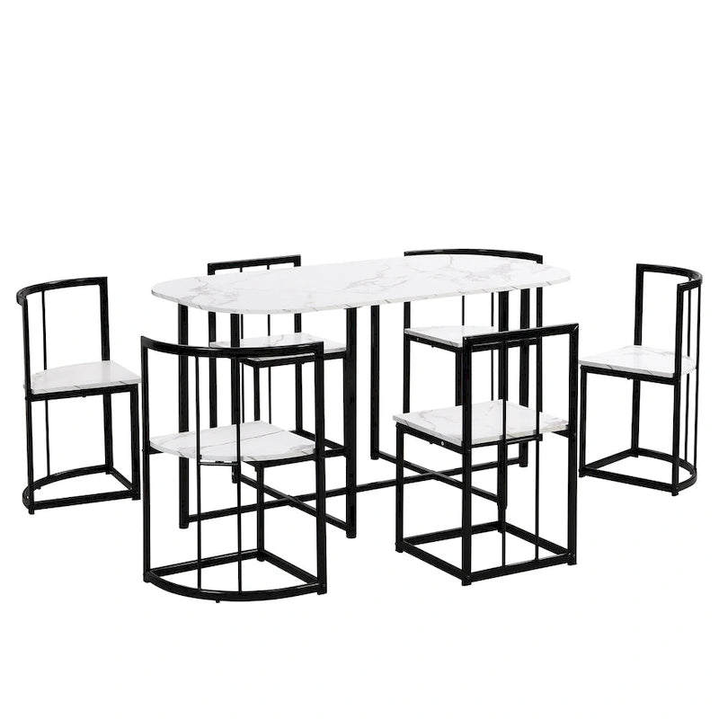 Ensemble de salle à manger moderne 7 pièces avec structure en métal, comprenant une table demi-ronde et 6 chaises.