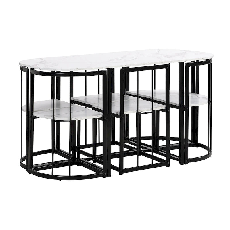 Ensemble de salle à manger moderne 7 pièces avec structure en métal, comprenant une table demi-ronde et 6 chaises.