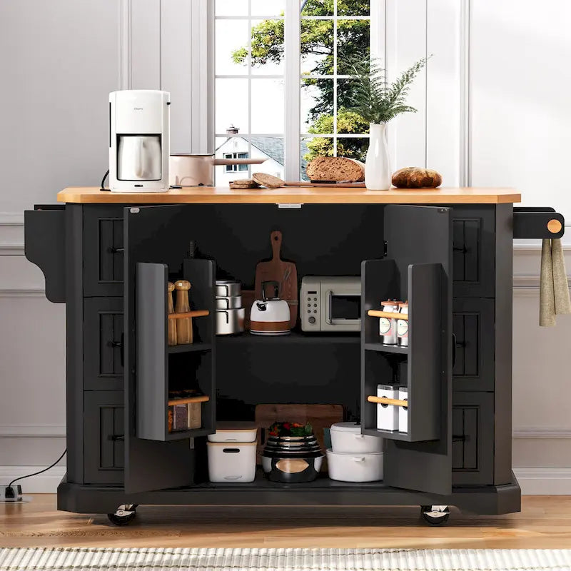 Îlot de cuisine extensible à abattants, chariot de cuisine sur 4 roues avec prise électrique, table îlot mobile avec 2 portes et 6 tiroirs