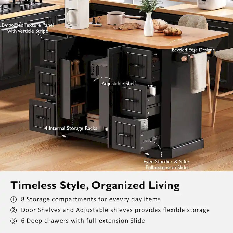 Îlot de cuisine extensible à abattants, chariot de cuisine sur 4 roues avec prise électrique, table îlot mobile avec 2 portes et 6 tiroirs