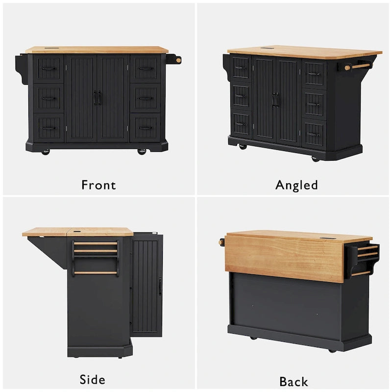 Îlot de cuisine extensible à abattants, chariot de cuisine sur 4 roues avec prise électrique, table îlot mobile avec 2 portes et 6 tiroirs
