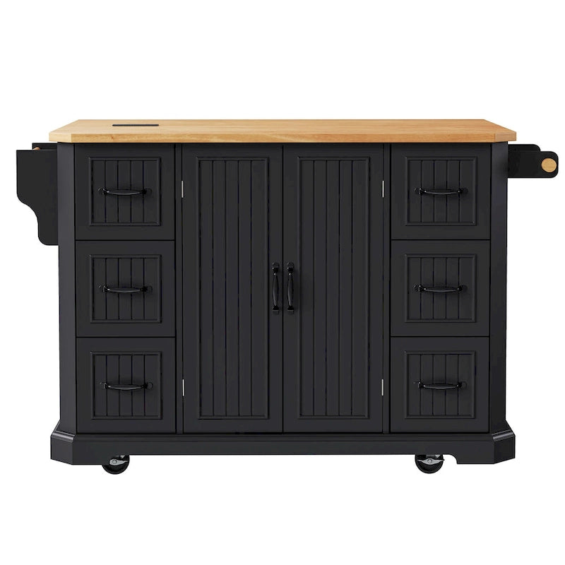 Îlot de cuisine extensible à abattants, chariot de cuisine sur 4 roues avec prise électrique, table îlot mobile avec 2 portes et 6 tiroirs