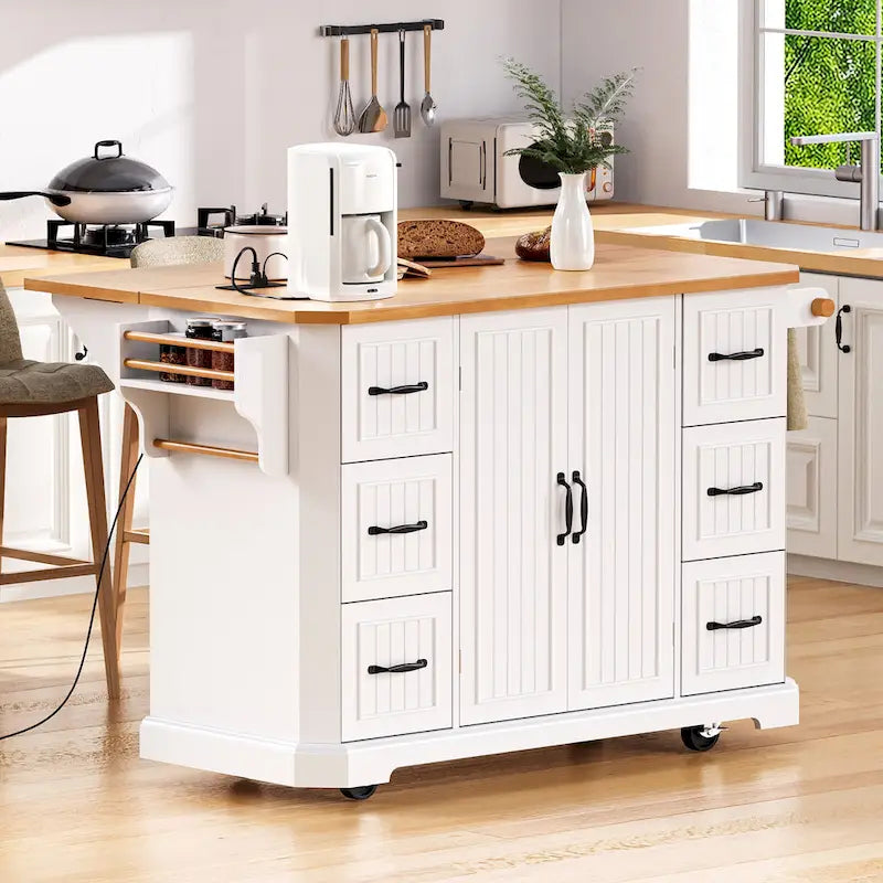 Îlot de cuisine extensible à abattants, chariot de cuisine sur 4 roues avec prise électrique, table îlot mobile avec 2 portes et 6 tiroirs