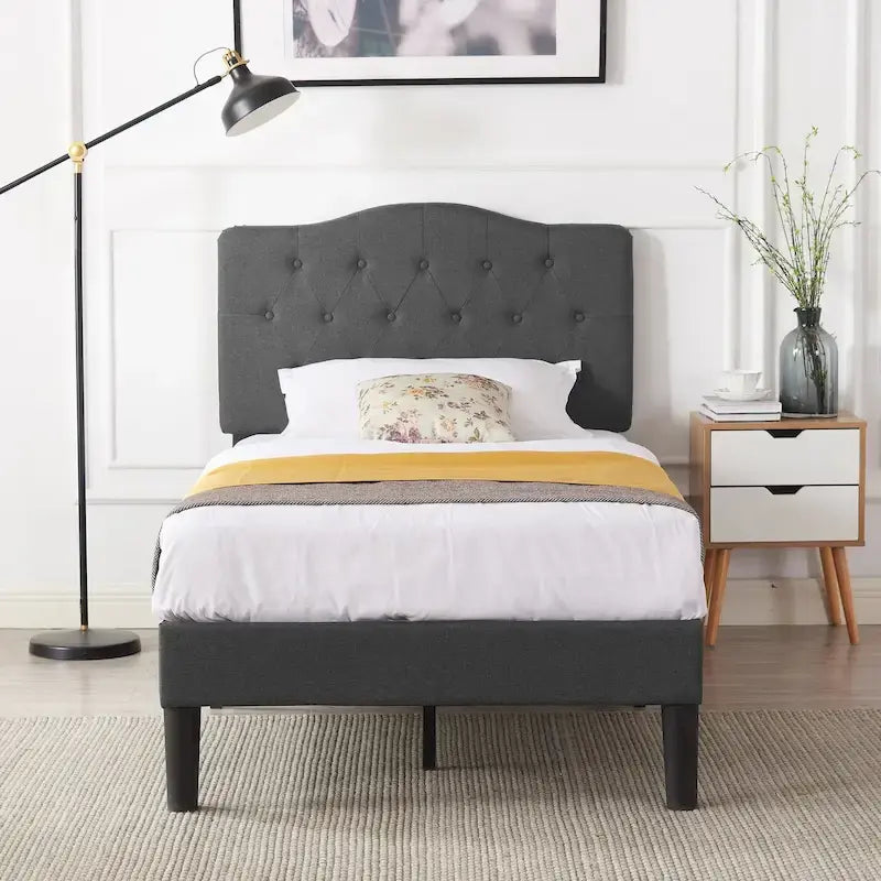Lit capitonné moderne VECELO avec tête de lit réglable en hauteur, gris foncé