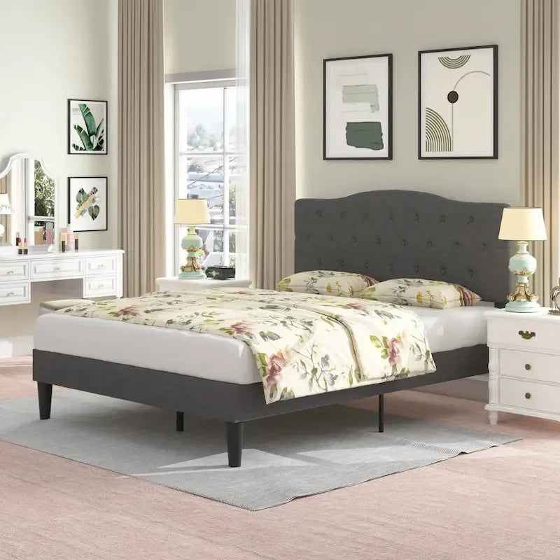 Lit capitonné moderne VECELO avec tête de lit réglable en hauteur, gris foncé