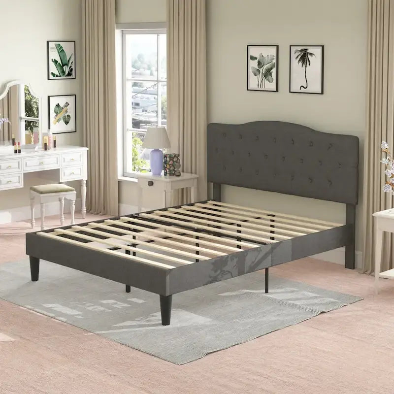 Lit capitonné moderne VECELO avec tête de lit réglable en hauteur, gris foncé