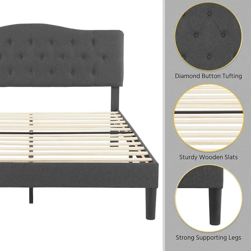 Lit capitonné moderne VECELO avec tête de lit réglable en hauteur, gris foncé