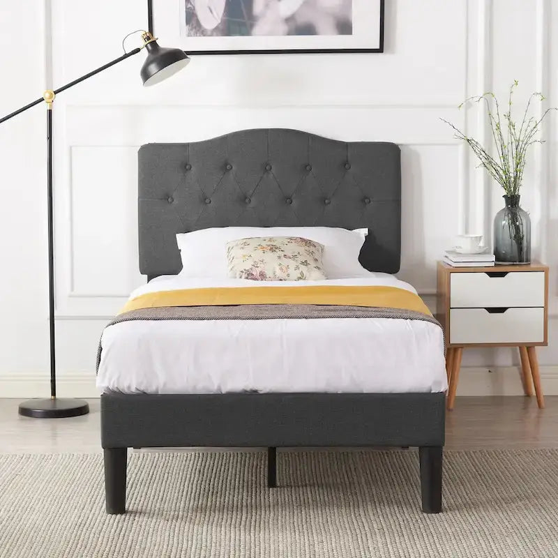 Lit capitonné moderne VECELO avec tête de lit réglable en hauteur, gris foncé