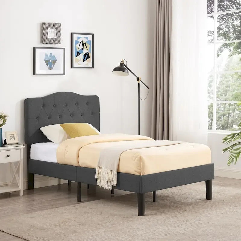 Lit capitonné moderne VECELO avec tête de lit réglable en hauteur, gris foncé