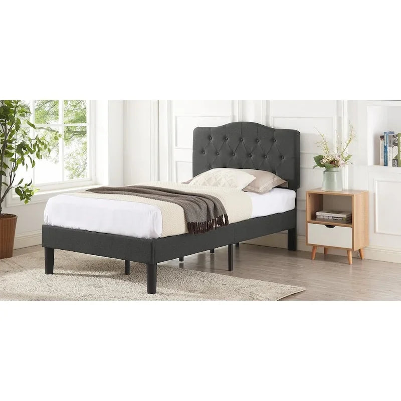 Lit capitonné moderne VECELO avec tête de lit réglable en hauteur, gris foncé