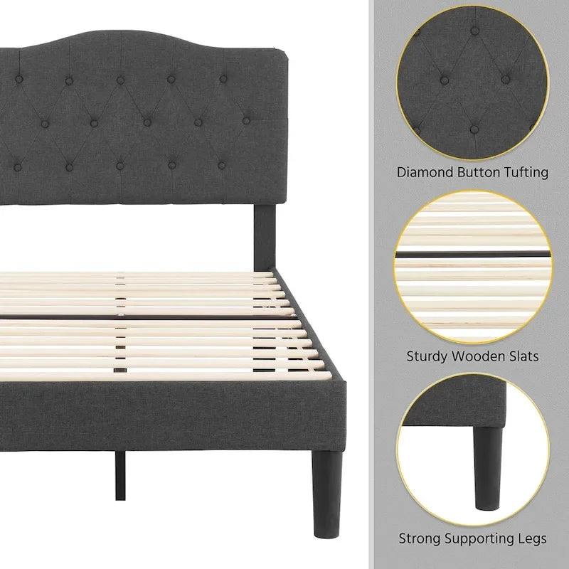 Lit capitonné moderne VECELO avec tête de lit réglable en hauteur, gris foncé