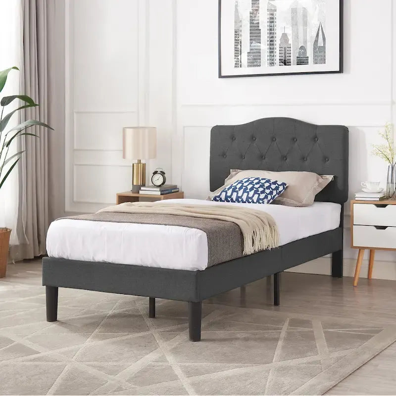 Lit capitonné moderne VECELO avec tête de lit réglable en hauteur, gris foncé