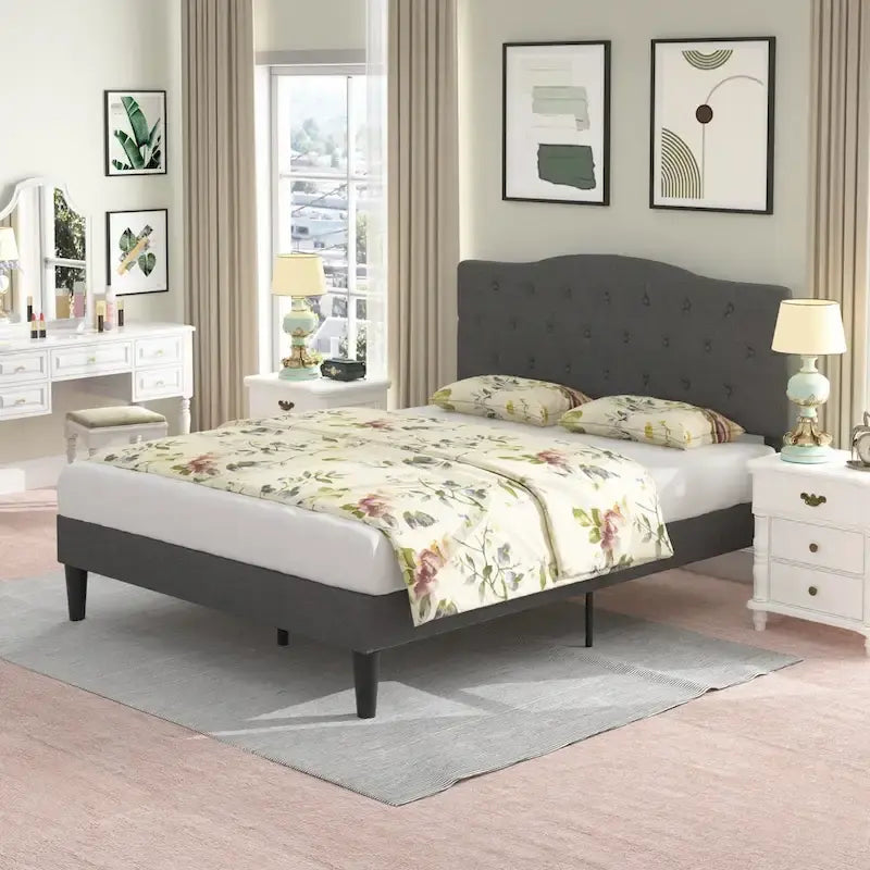 Lit capitonné moderne VECELO avec tête de lit réglable en hauteur, gris foncé