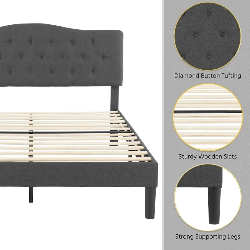 Lit capitonné moderne VECELO avec tête de lit réglable en hauteur, gris foncé