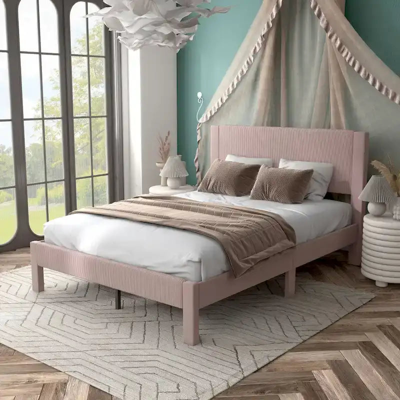 Lit plateforme moderne Alyssa de Furniture of America, recouvert de velours, avec tête de lit capitonnée et sommier à lattes en bois