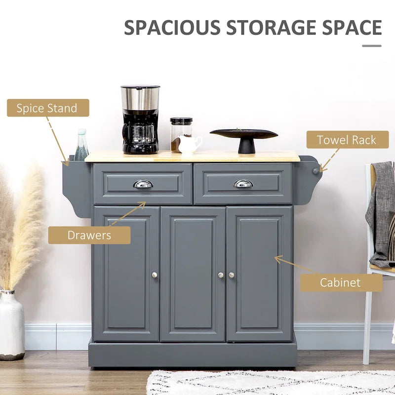 Îlot de cuisine avec rangement, desserte de cuisine à roulettes avec plateau en bois d'hévéa, tiroir et placard de rangement