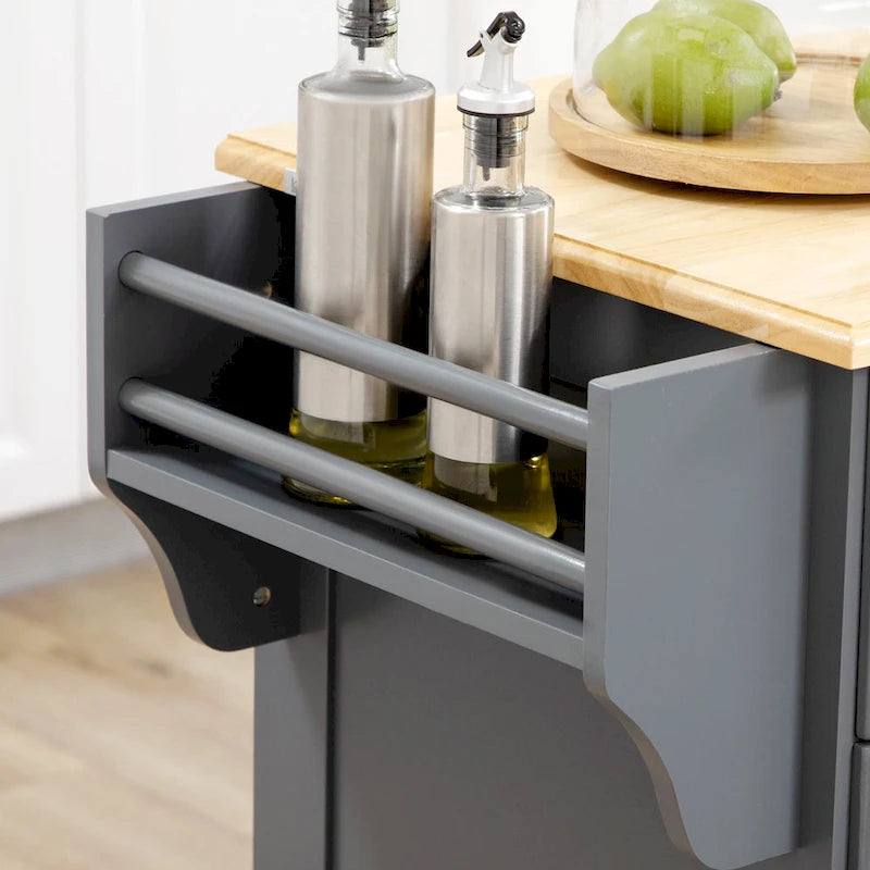 Îlot de cuisine avec rangement, desserte de cuisine à roulettes avec plateau en bois d'hévéa, tiroir et placard de rangement