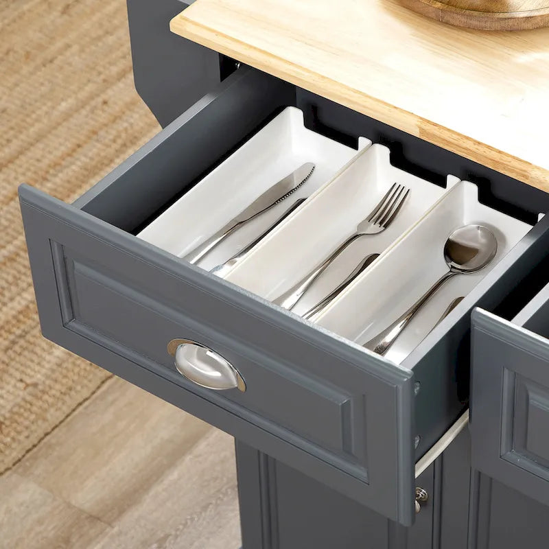 Îlot de cuisine avec rangement, desserte de cuisine à roulettes avec plateau en bois d'hévéa, tiroir et placard de rangement