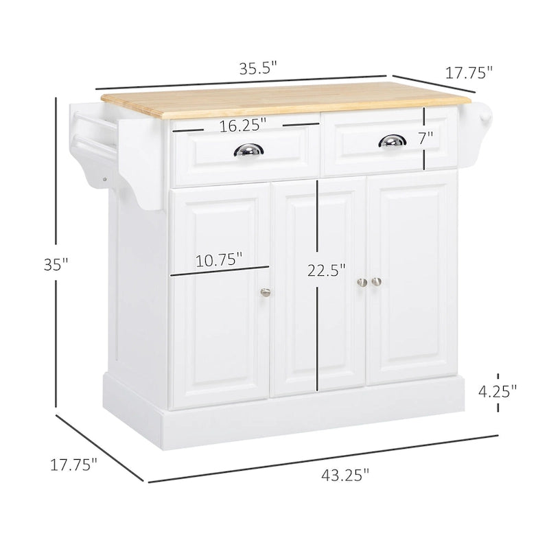 Îlot de cuisine avec rangement, desserte de cuisine à roulettes avec plateau en bois d'hévéa, tiroir et placard de rangement