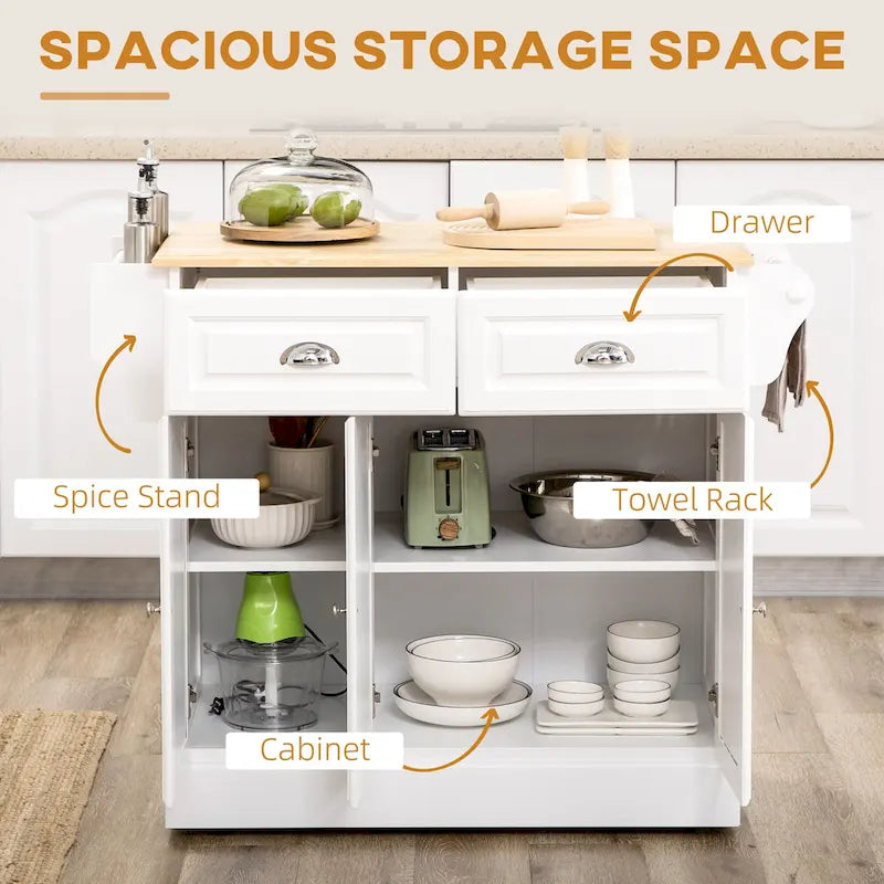 Îlot de cuisine avec rangement, desserte de cuisine à roulettes avec plateau en bois d'hévéa, tiroir et placard de rangement
