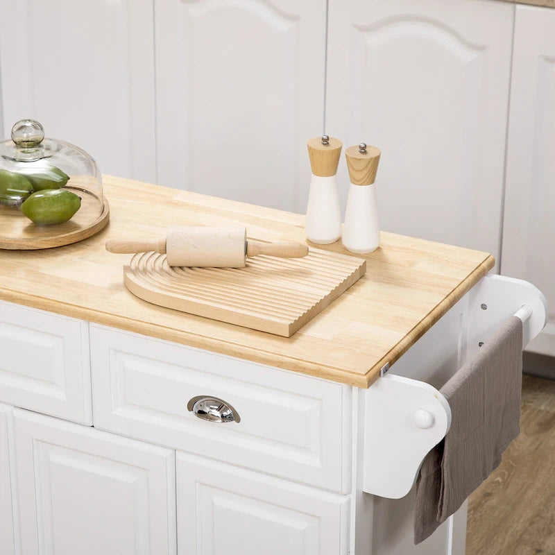Îlot de cuisine avec rangement, desserte de cuisine à roulettes avec plateau en bois d'hévéa, tiroir et placard de rangement