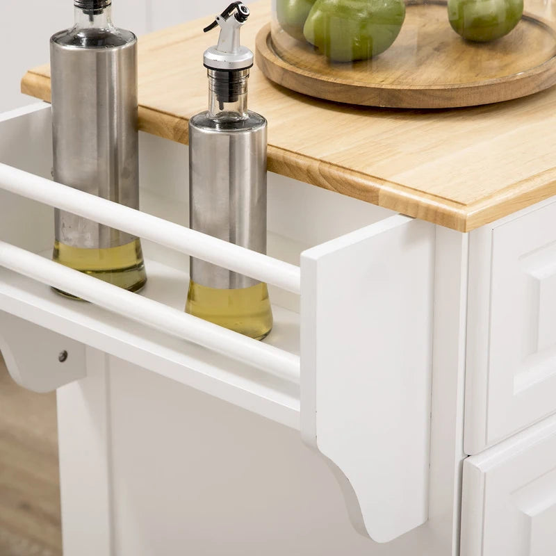 Îlot de cuisine avec rangement, desserte de cuisine à roulettes avec plateau en bois d'hévéa, tiroir et placard de rangement