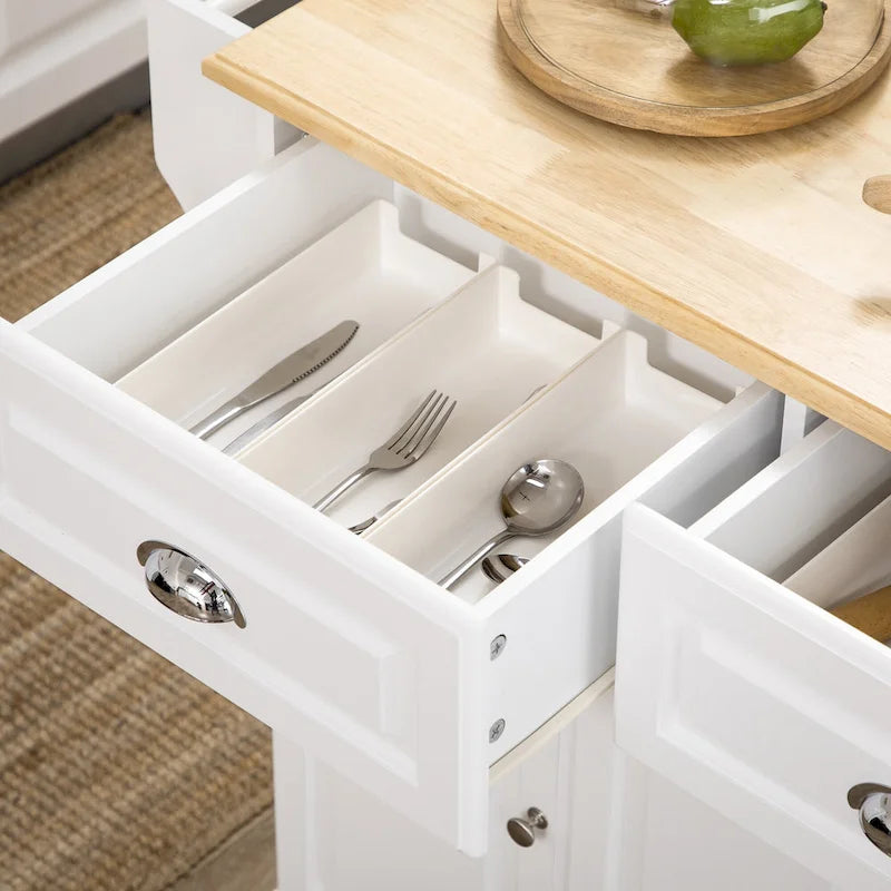 Îlot de cuisine avec rangement, desserte de cuisine à roulettes avec plateau en bois d'hévéa, tiroir et placard de rangement