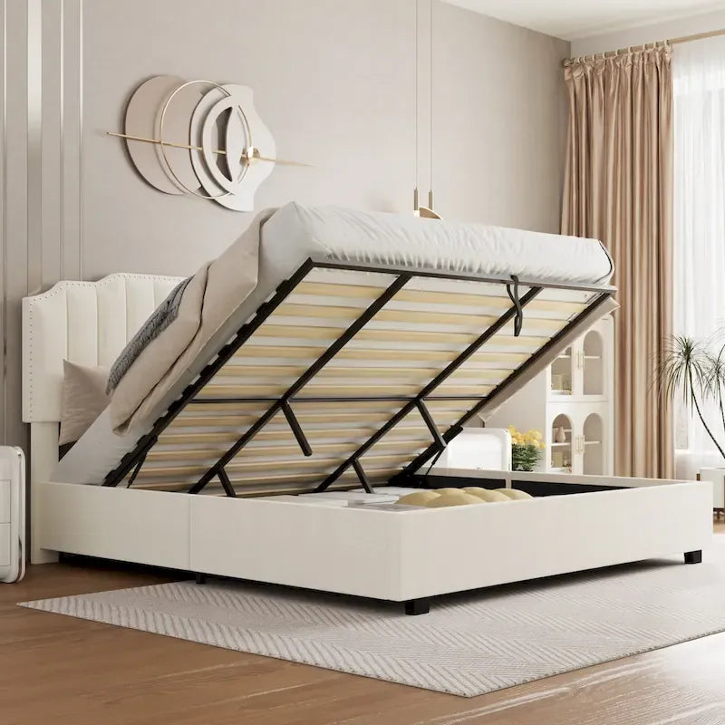 Lit coffre plateforme relevable recouvert de velours