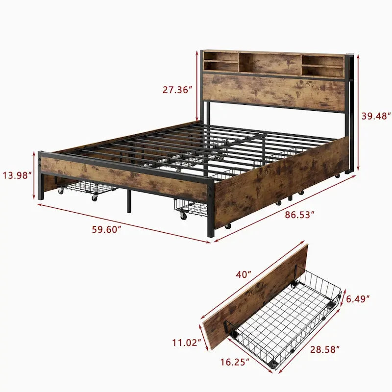 Lit à panneaux Queen Size avec tiroirs de rangement sur la tête de lit