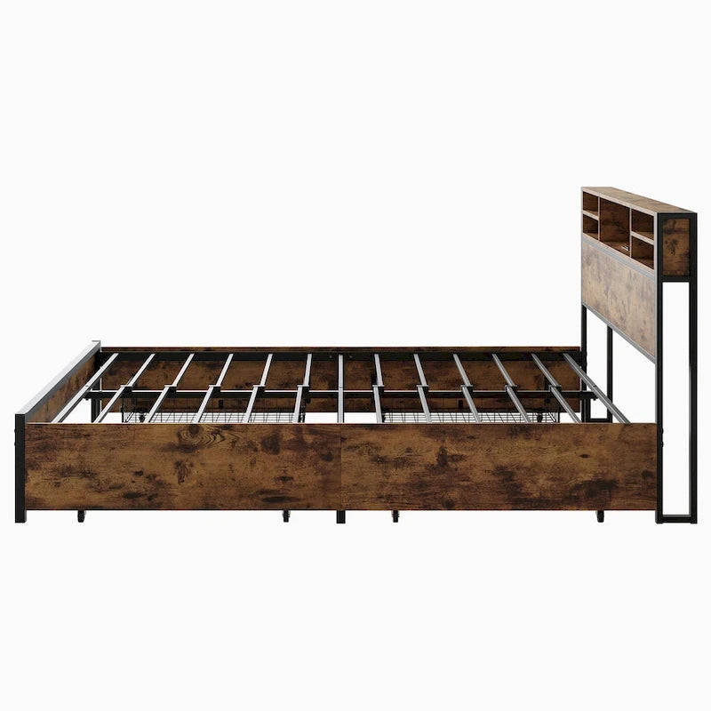 Lit à panneaux Queen Size avec tiroirs de rangement sur la tête de lit