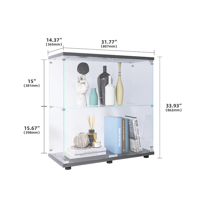 Vitrine vitrée à deux portes et deux étagères.