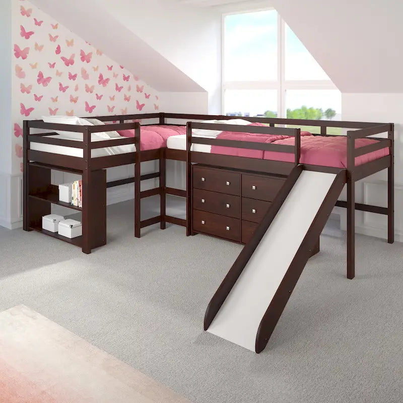 Ensemble de chambre à coucher en forme de L avec lit double et mezzanine coulissante, couleur cappuccino foncé