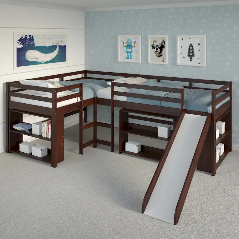 Ensemble de chambre à coucher en forme de L avec lit double et mezzanine coulissante, couleur cappuccino foncé
