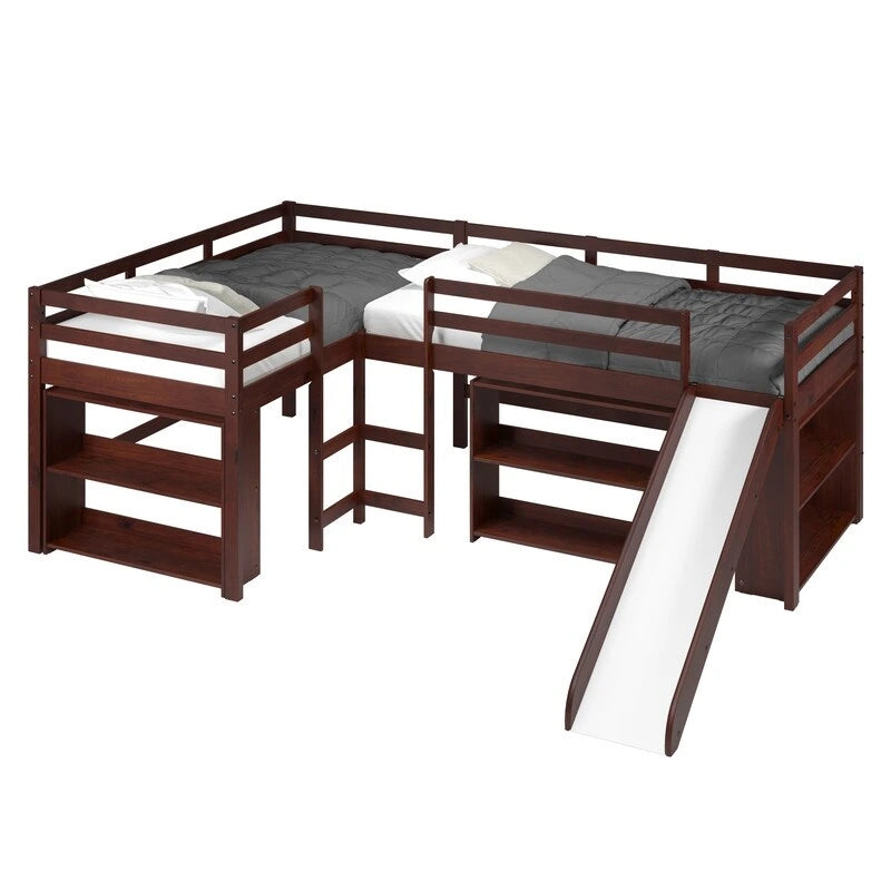 Ensemble de chambre à coucher en forme de L avec lit double et mezzanine coulissante, couleur cappuccino foncé