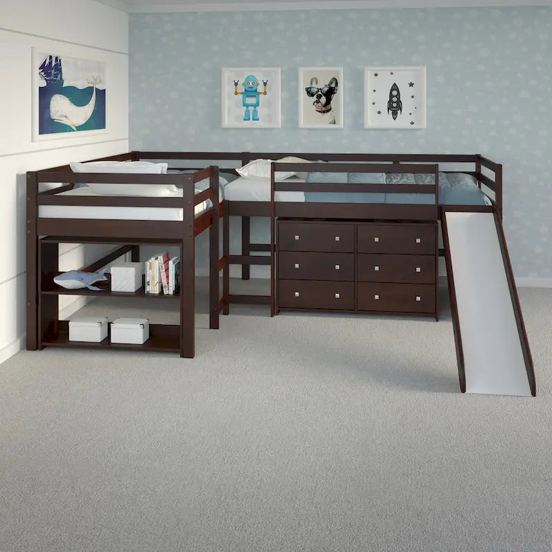 Ensemble de chambre à coucher en forme de L avec lit double et mezzanine coulissante, couleur cappuccino foncé