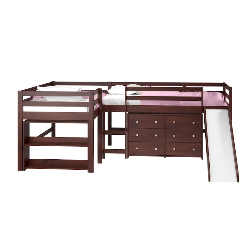 Ensemble de chambre à coucher en forme de L avec lit double et mezzanine coulissante, couleur cappuccino foncé