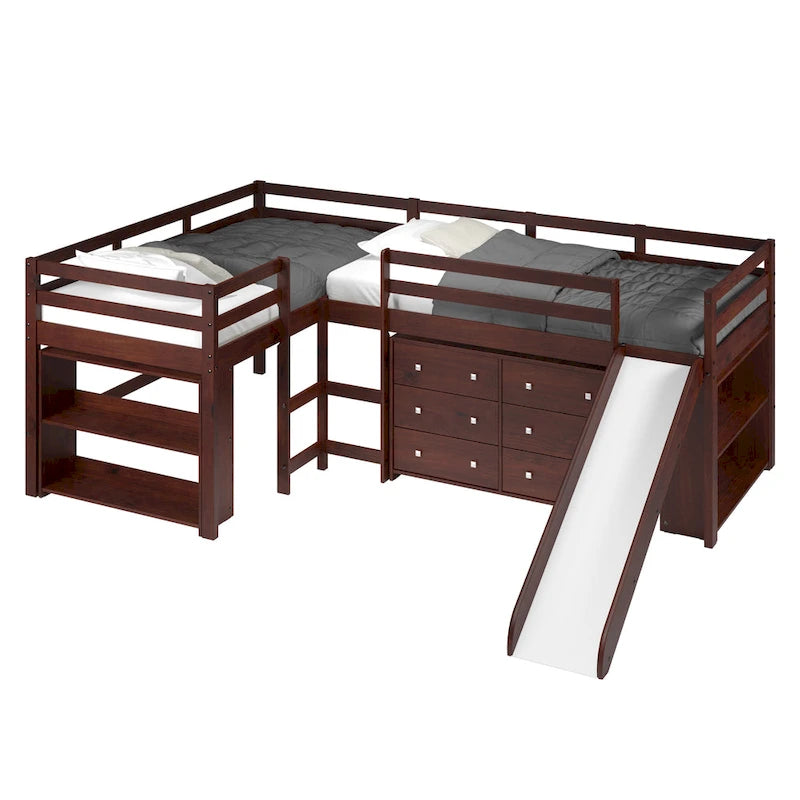 Ensemble de chambre à coucher en forme de L avec lit double et mezzanine coulissante, couleur cappuccino foncé