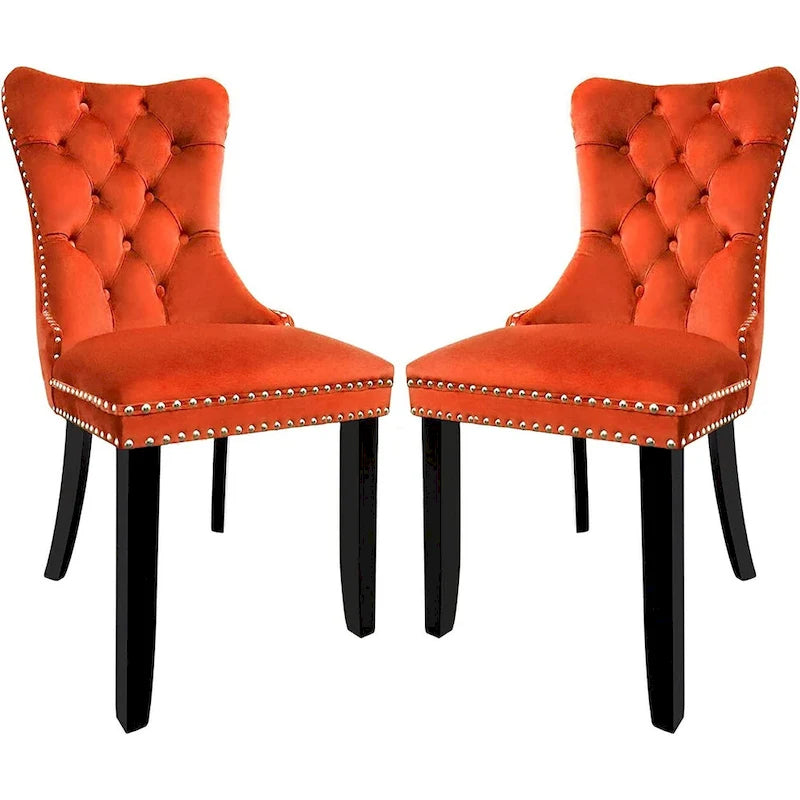Ensemble de 2 chaises de salle à manger en velours, chaises de salle à manger haut de gamme capitonnées avec dossier clouté et poignées anneaux, pieds en bois massif