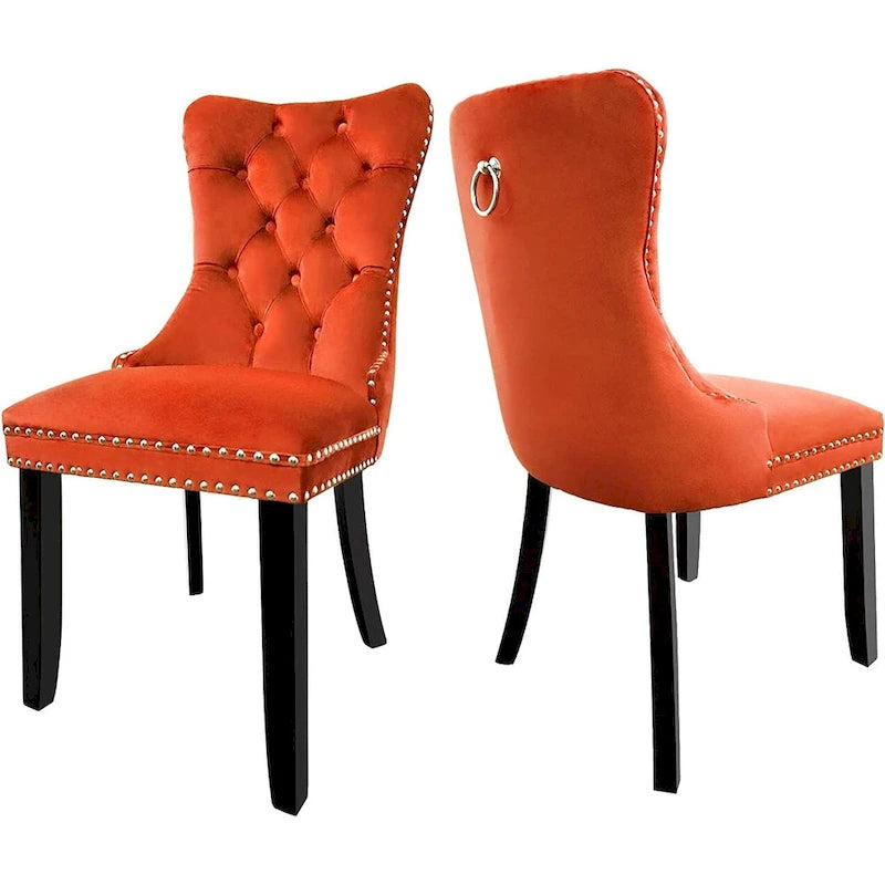 Ensemble de 2 chaises de salle à manger en velours, chaises de salle à manger haut de gamme capitonnées avec dossier clouté et poignées anneaux, pieds en bois massif