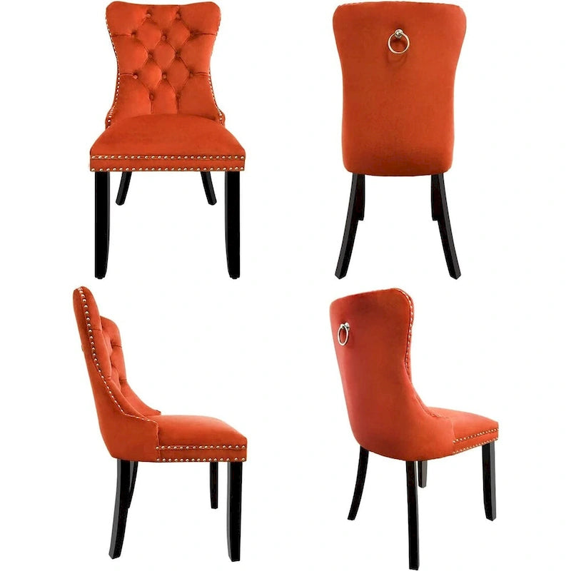Ensemble de 2 chaises de salle à manger en velours, chaises de salle à manger haut de gamme capitonnées avec dossier clouté et poignées anneaux, pieds en bois massif