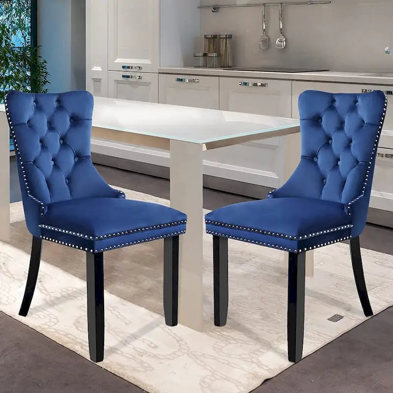 Ensemble de 2 chaises de salle à manger en velours, chaises de salle à manger haut de gamme capitonnées avec dossier clouté et poignées anneaux, pieds en bois massif