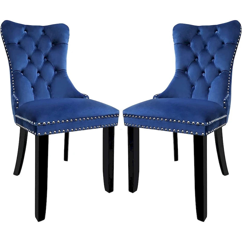 Ensemble de 2 chaises de salle à manger en velours, chaises de salle à manger haut de gamme capitonnées avec dossier clouté et poignées anneaux, pieds en bois massif